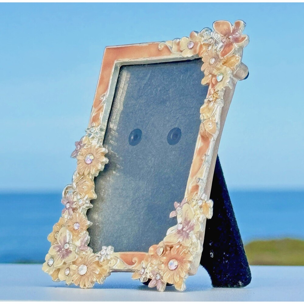 Floral Jeweled Mini Picture Frame Pink Enamel Mothers Day Gift Romantic Decor